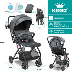 KIDIZ® Buggy 3 in 1 Kinderwagen Inklapbaar met voetenzak Baby Plooibuggy Wandelwagen inclusief Bekerhouder, regenhoes & klamboe Reisbuggy - Antraciet / Zwart