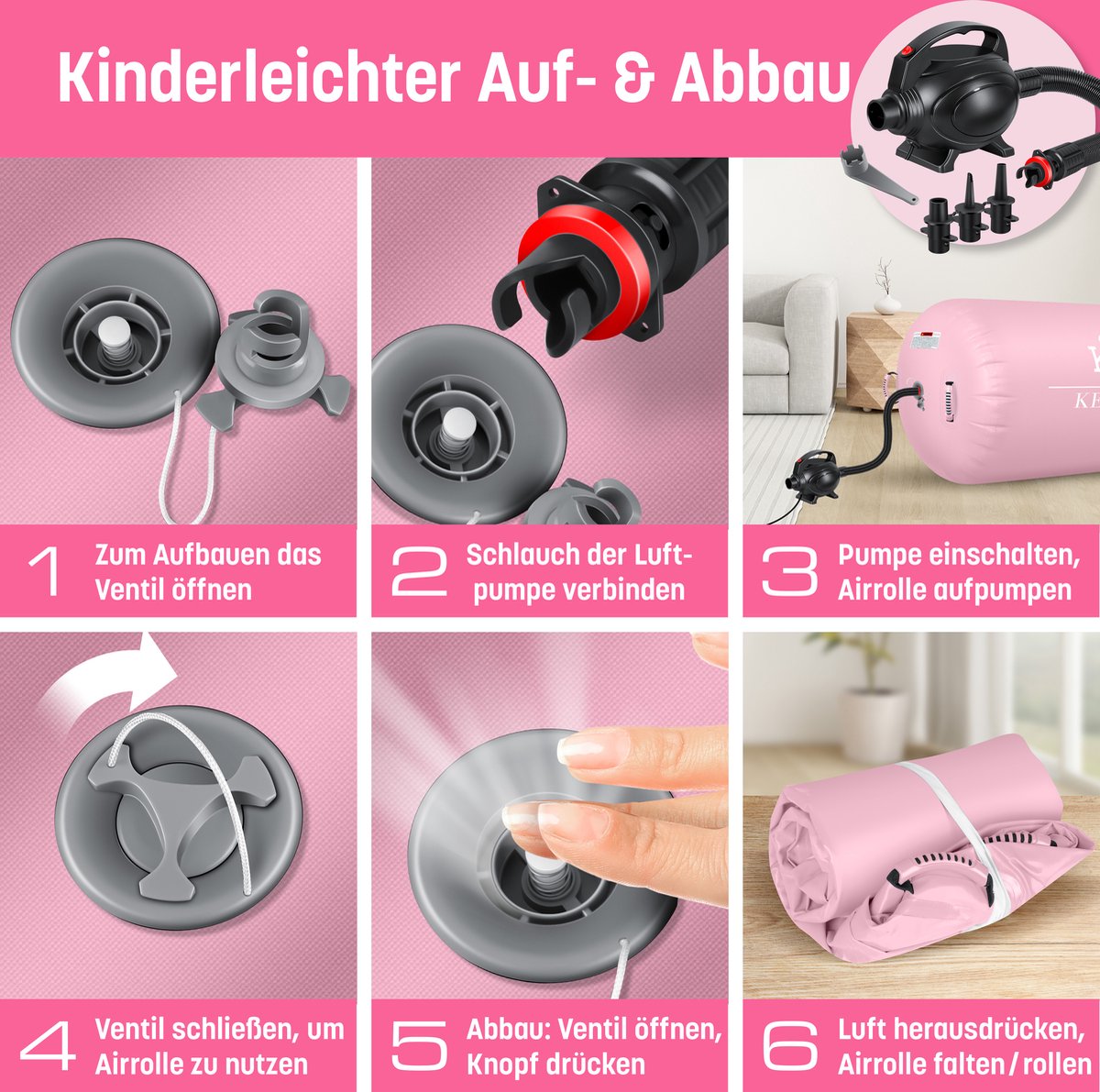 KESSER® Airtrack Turnmat opblaasbaare Gymnastiek Rol - Air Roll voor Gymnastiek & Turnen Fitness Mat Bal Rol met elektrische lucht-pomp Gymnastiekrol - Roze, 120 x 75 cm