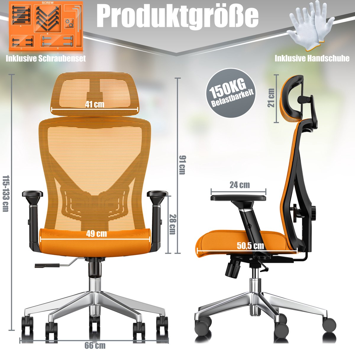 KESSER® Ergonomische Bureaustoel - Gamestoel - Office Chair - Oranje