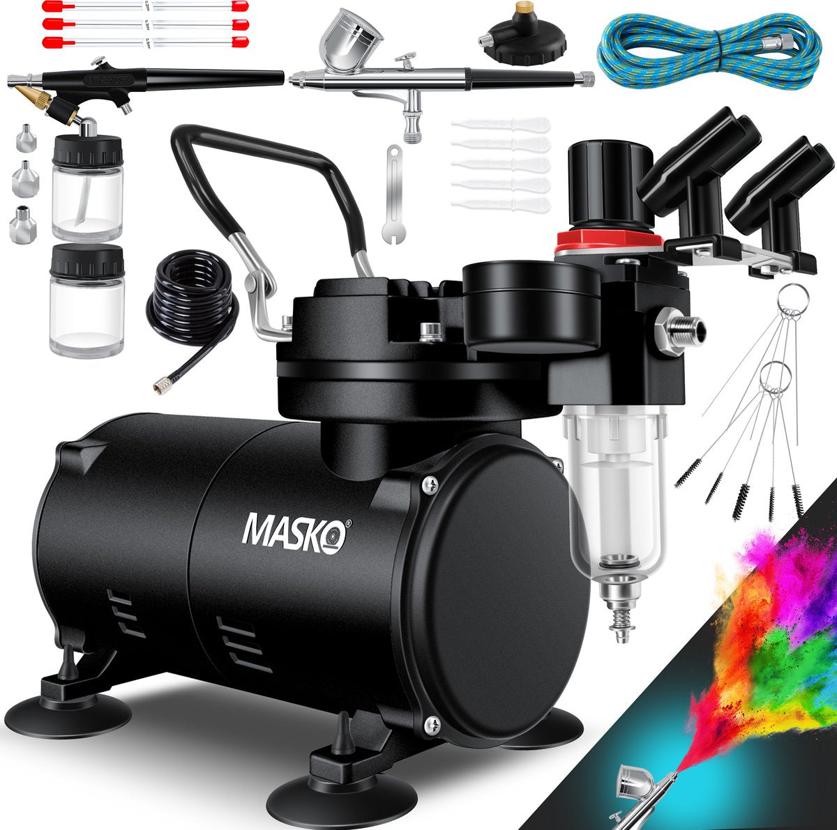 MASKO® Airbrush Set met Compressor - 4 bar double action - Zwart