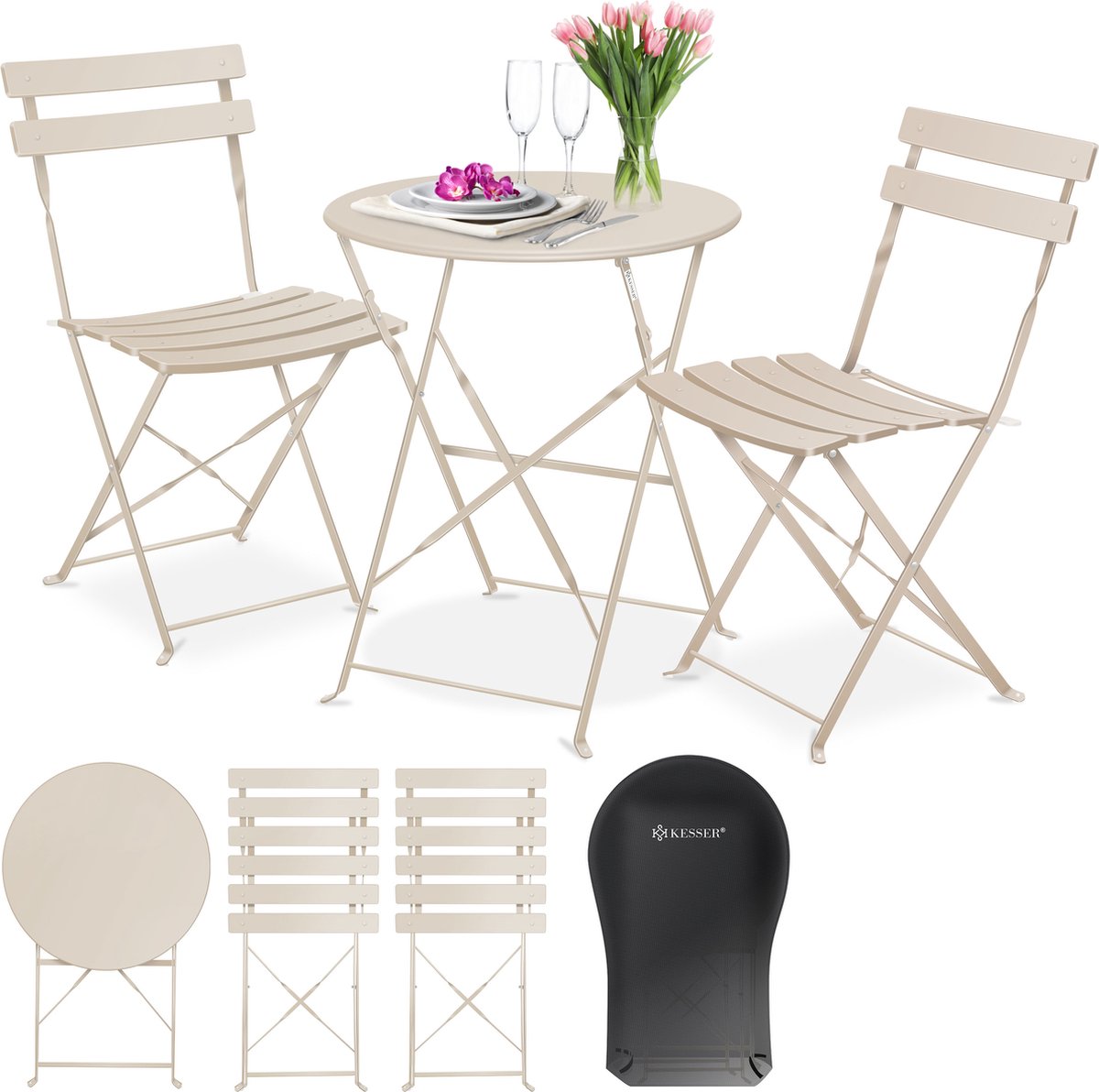 KESSER® Bistroset 3-delige Tafel met 2 inklapbaar stoelen - Balkonset Bistrotafel Bistrostoel Vouwmeubels Tuinset Zitgroep Metalen Tuintafel - Cappuccino