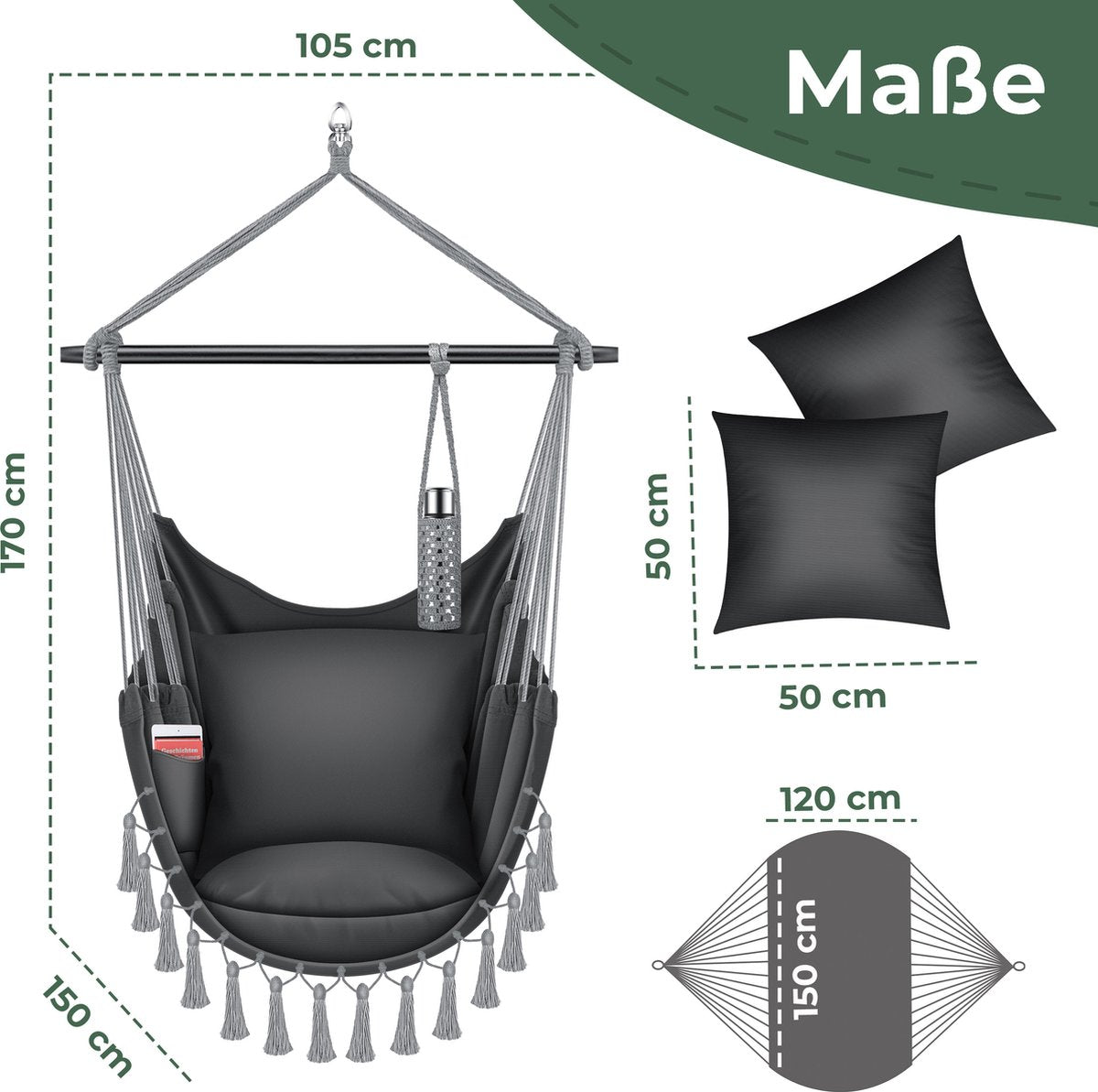 KESSER® XXL Hangstoel - 2 Kussens - Tot 150 kg - Antraciet •