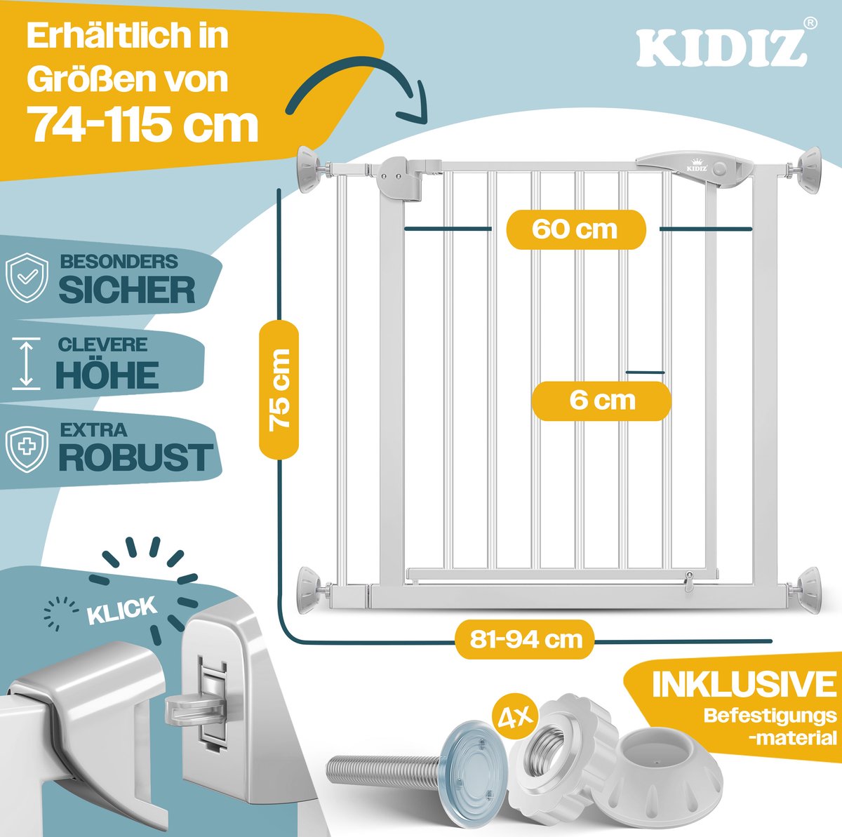 KIDIZ® Traphekje zonder boren - Veiligheidshekje - 74-87cm - Grijs