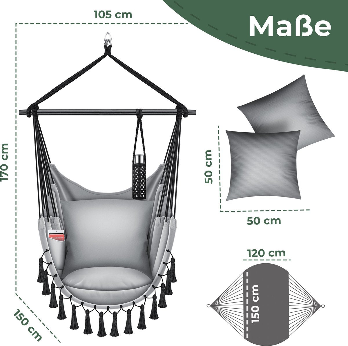 KESSER® XXL Hangstoel - 2 Kussens - Tot 150 kg - Grijs