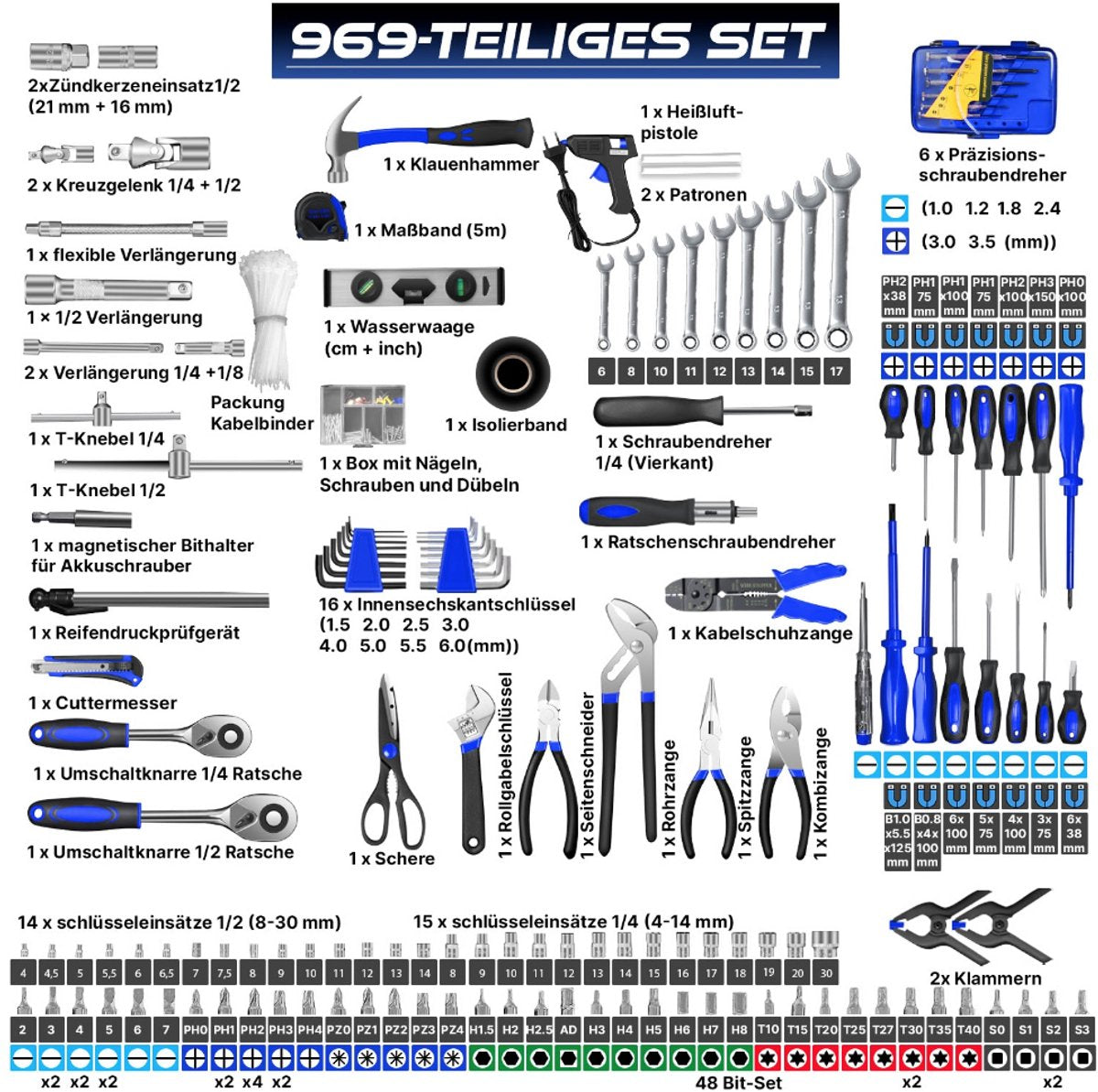 MASKO® 969 delige gereedschapskoffer - Gereedschapswagen - Blauw
