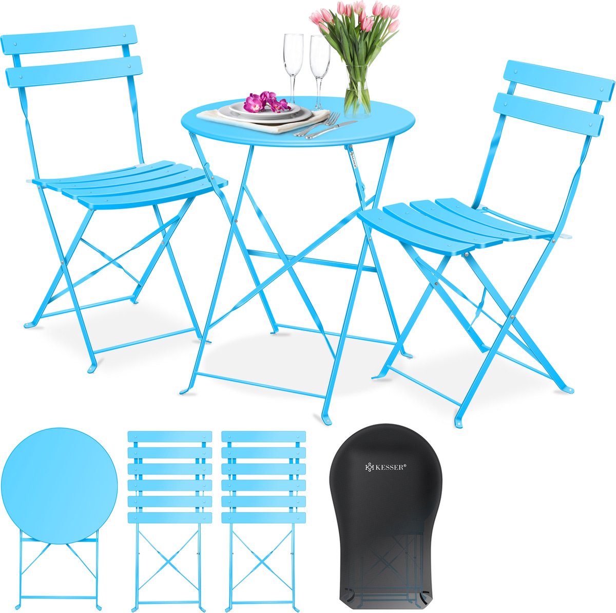 KESSER® Bistroset 3-delige Tafel met 2 inklapbaar stoelen - Balkonset Bistrotafel Bistrostoel Vouwmeubels Tuinset Zitgroep Metalen Tuintafel - Lichtblauw