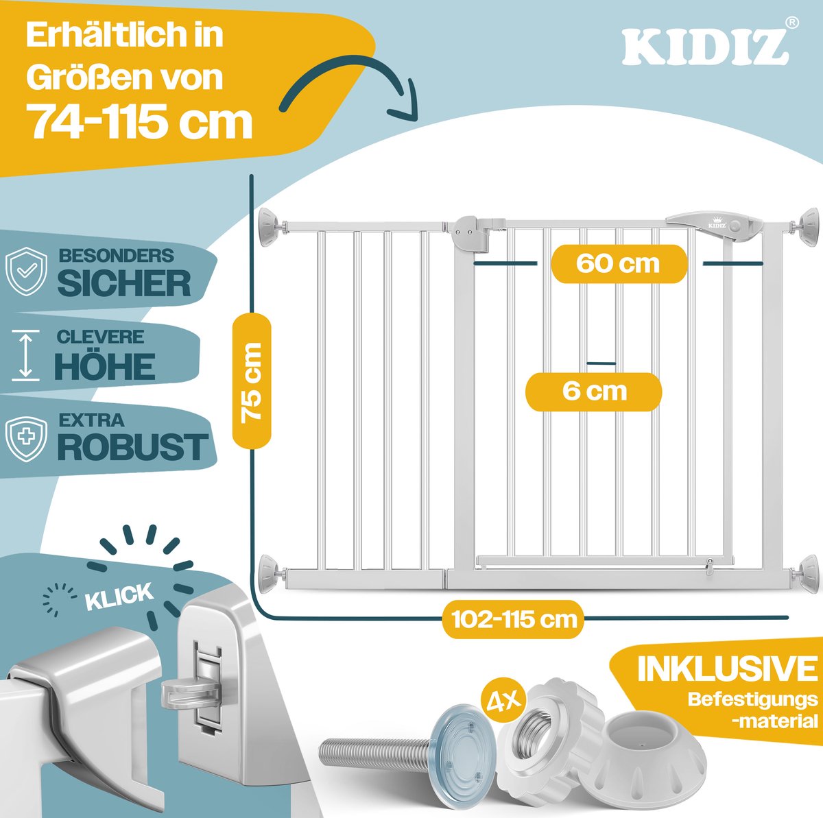 KIDIZ® Traphekje zonder boren - Veiligheidshekje - 74-87cm - Grijs