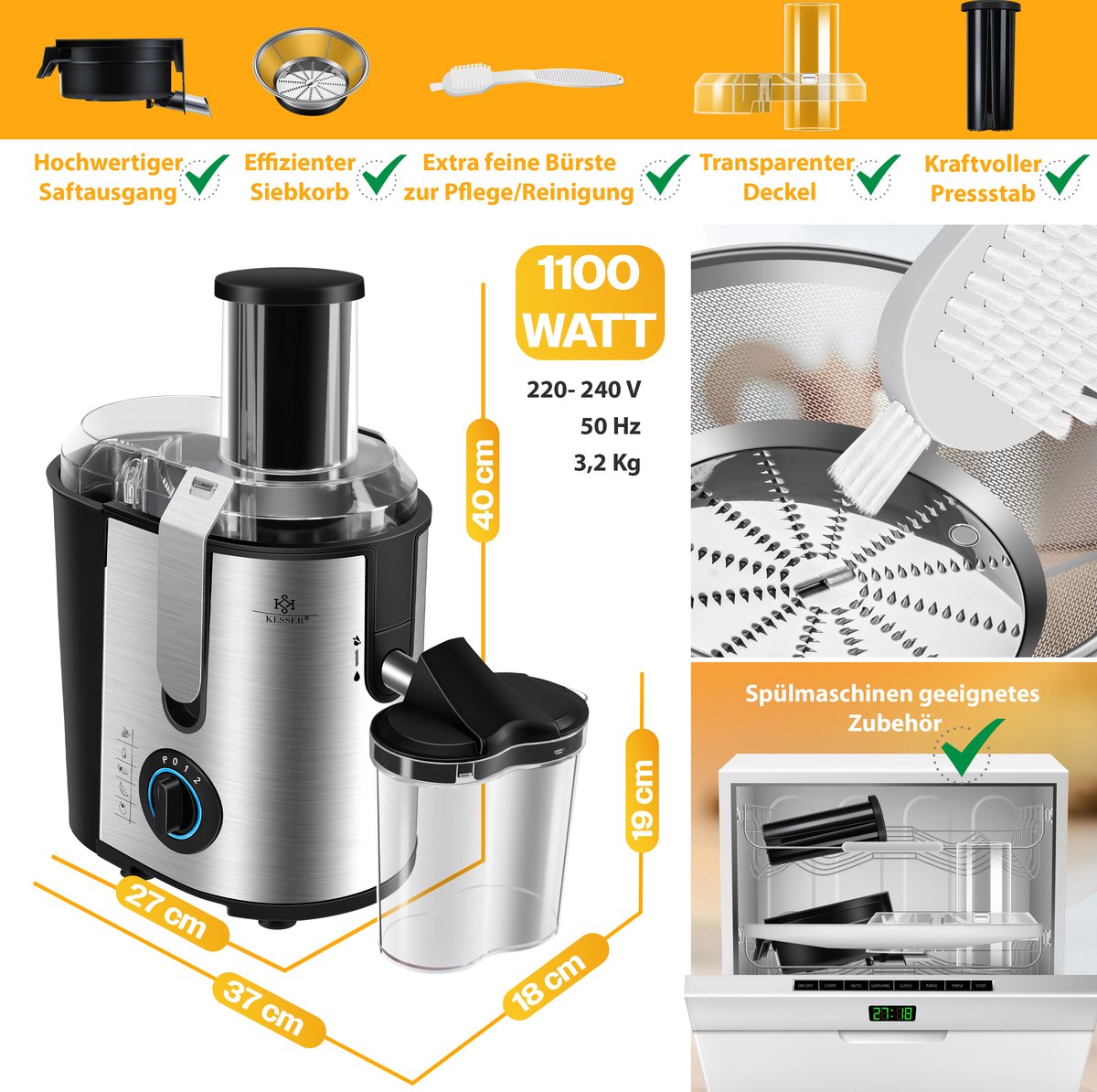 KESSER® Sapcentrifuge - Juicer voor Groenten & Frui - 1100W - Zilver