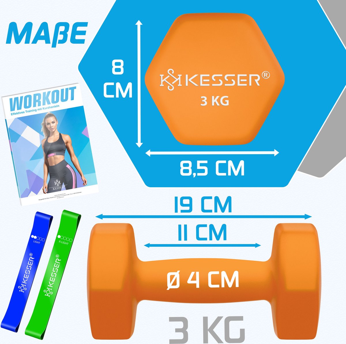 KESSER® Dumbells Set 2 Paren | Gewichten Set | verstelbare Dumbell Geschikt voor Krachttraining | Halterset met oefeningenboekje, 2x fitnessbanden, 2 x 3 kg - Oranje