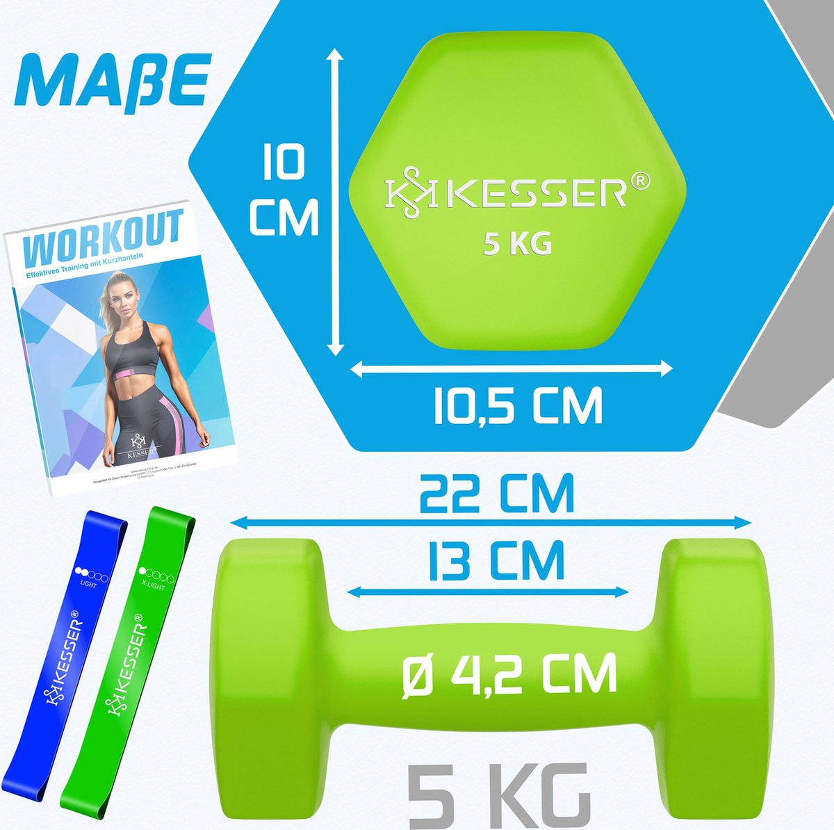 KESSER® Dumbells Set 2 Paren | Gewichten Set | verstelbare Dumbell Geschikt voor Krachttraining | Halterset met oefeningenboekje, 2x fitnessbanden, 2 x 5 kg - Lichtgroen