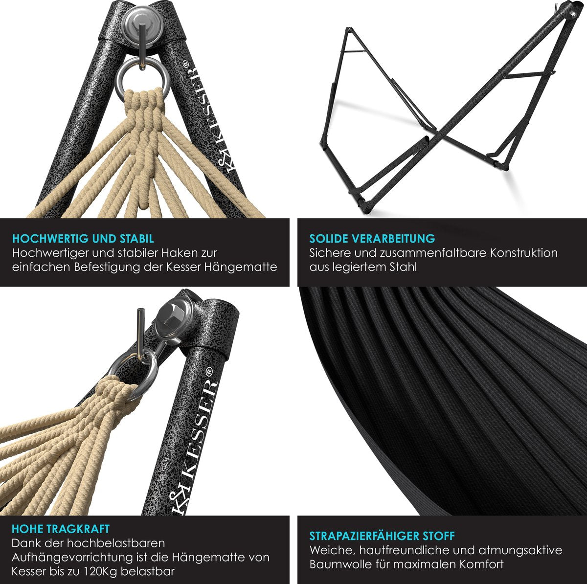 KESSER® Hangmat Vill 120kg Draagvermogen voor Binnen & Buiten met Frame Metaal Opvouwbaar - Antraciet