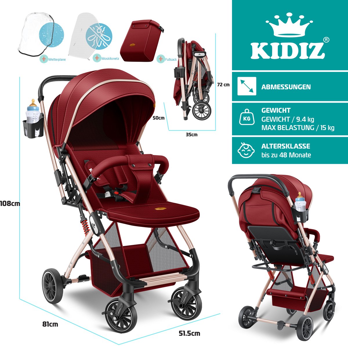 KIDIZ® Buggy 3 in 1 Kinderwagen Inklapbaar met voetenzak Baby Plooibuggy Wandelwagen inclusief Bekerhouder, regenhoes & klamboe Reisbuggy - Rood / Champagne