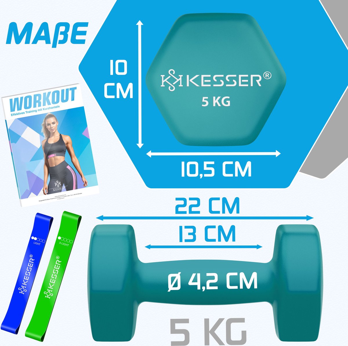 KESSER® Dumbells Set 2 Paren | Gewichten Set | verstelbare Dumbell Geschikt voor Krachttraining | Halterset met oefeningenboekje, 2x fitnessbanden, 2 x 5 kg - Benzine Blauw
