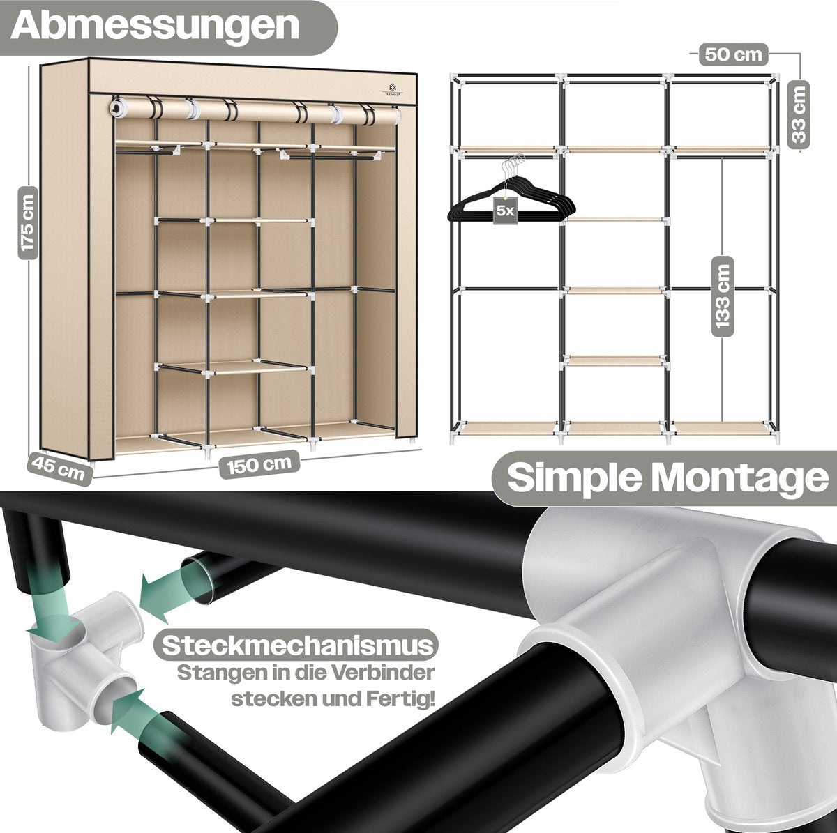KESSER® Kledingkast in Stof en Metaal 150x45x175cm - opvouwbaare Garderobekast Stabiel met Kledingstang & Planken, Inclusief 5x Kledinghangers Kleerkast - Legplank Kast voor Slaapkamer met Kledingrek - Beige