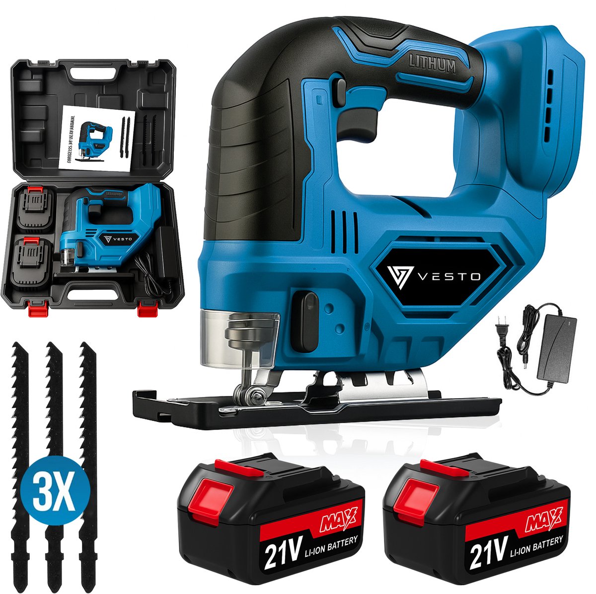 Vesto® Accu Decoupeerzaag – 21V Li-Ion – Variabele Snelheid – Zaagdiepte 65 mm – Incl. 2 Accu’s, Zaagbladen & Koffer – Draadloos – Voor Hout, Metaal & Kunststof