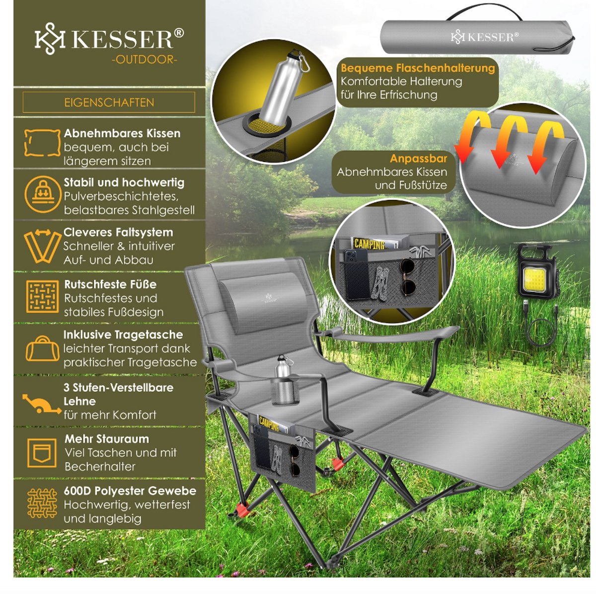 Campingstoel - Visstoel - Vouwstoel - Grijs - KESSER®