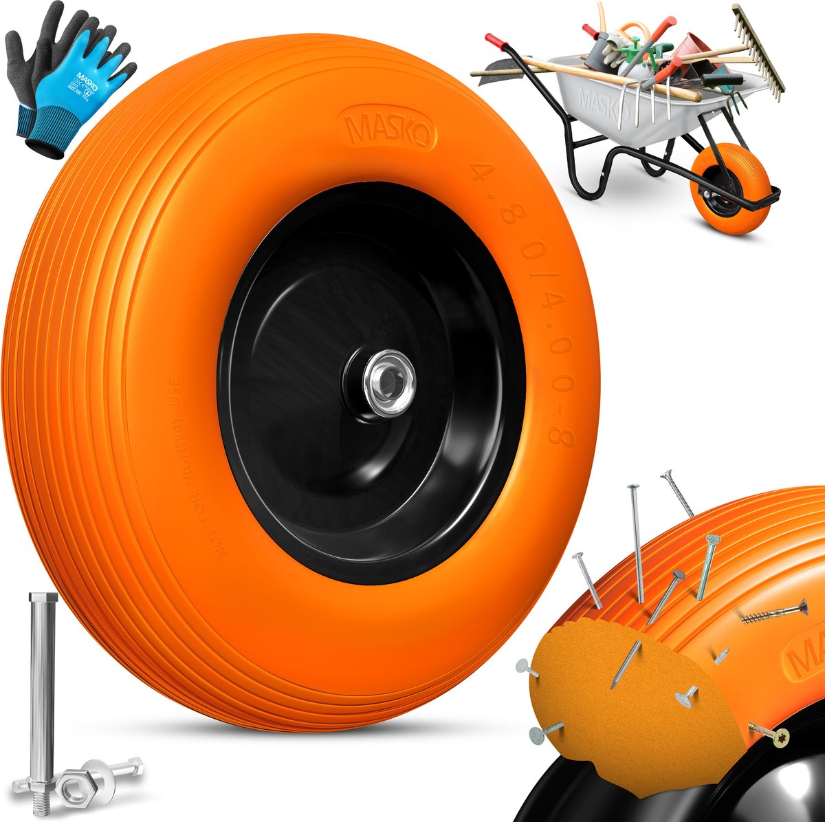 MASKO® Kruiwagenwiel Massief - 4.80/4.00-8 Ø 390mm - Oranje
