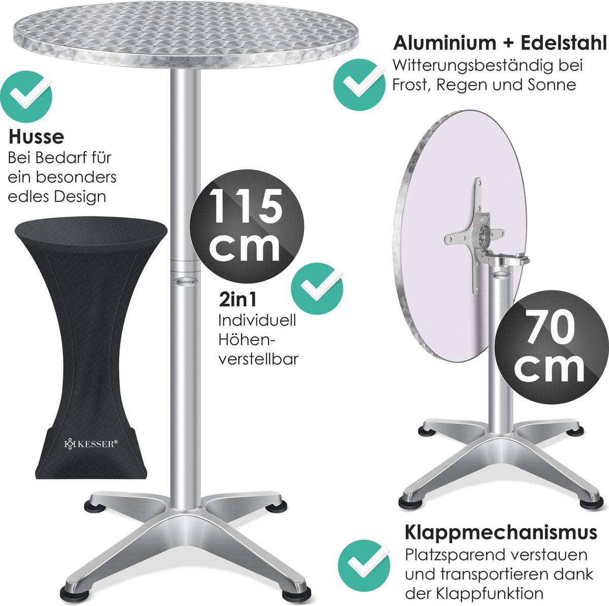 KESSER® Bartafel - Bistrotafel - Verstelbaar - 70-110cm - Zilver •