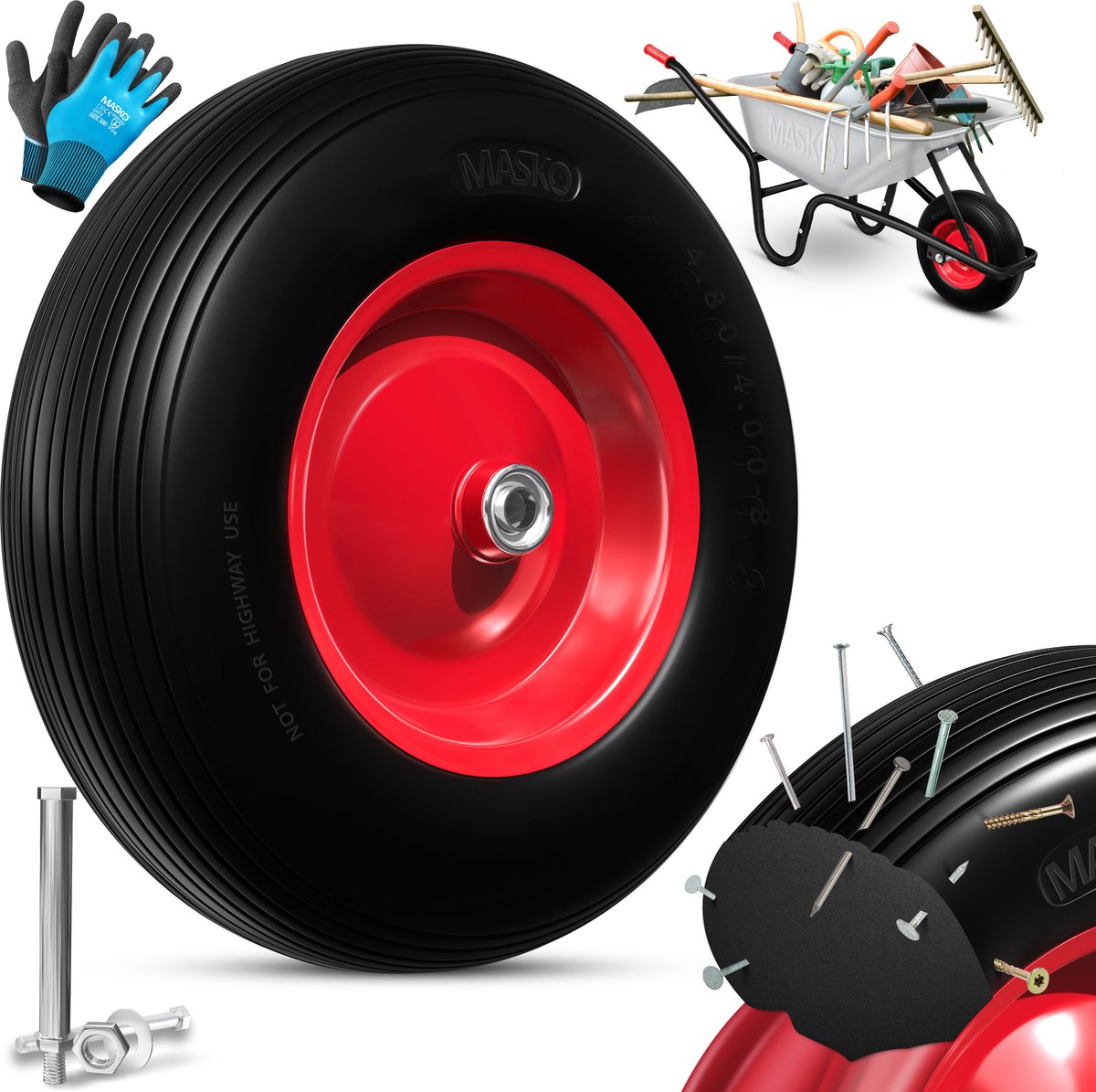 MASKO® Kruiwagenwiel Massief - 4.80/4.00-8 Ø 390mm - Zwart