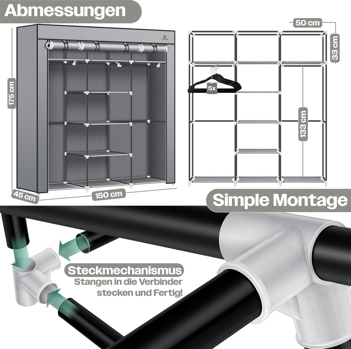 KESSER® Kledingkast in Stof en Metaal 150x45x175cm - opvouwbaare Garderobekast Stabiel met Kledingstang & Planken, Inclusief 5x Kledinghangers Kleerkast - Legplank Kast voor Slaapkamer met Kledingrek - Grijs