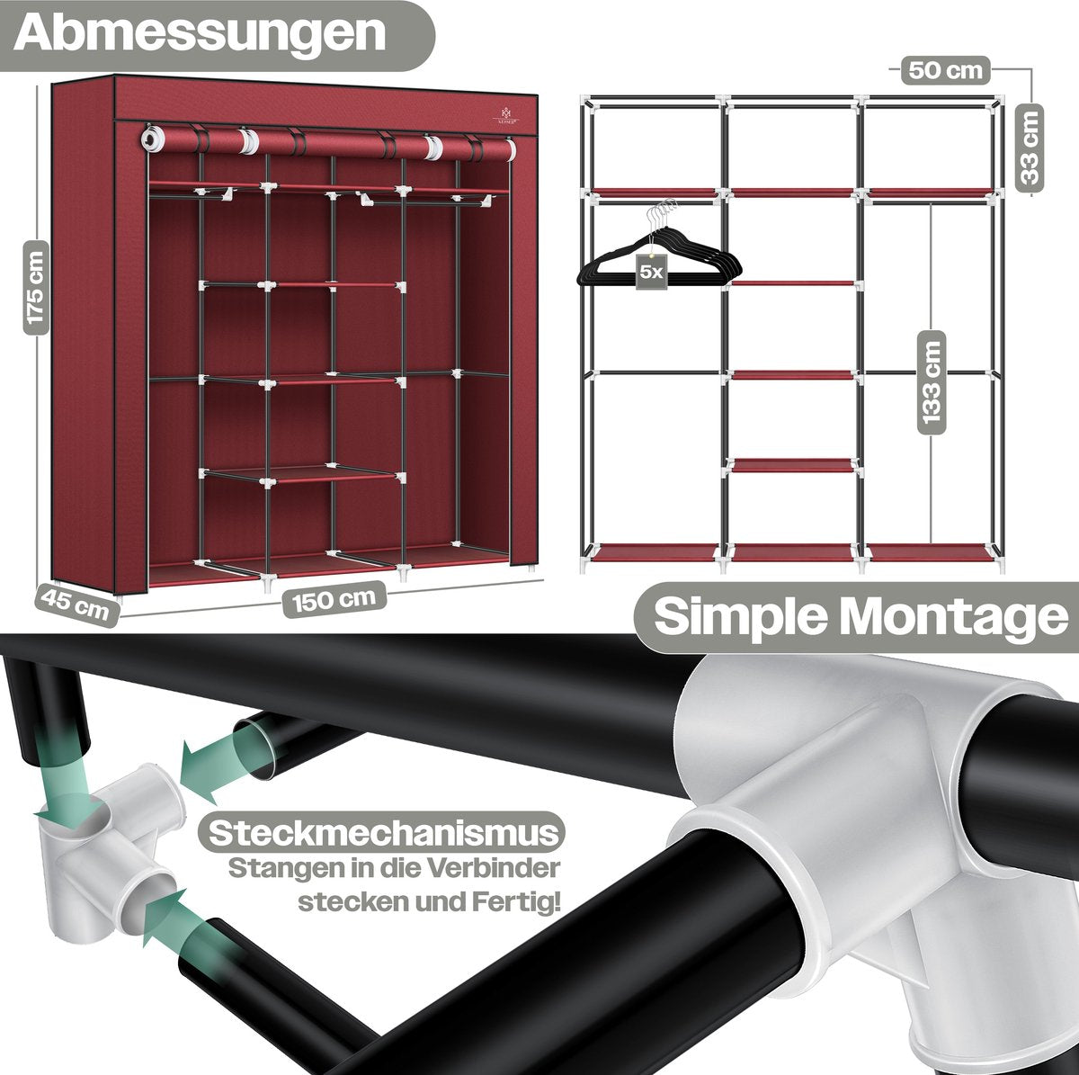 KESSER® Kledingkast in Stof en Metaal 150x45x175cm - opvouwbaare Garderobekast Stabiel met Kledingstang & Planken, Inclusief 5x Kledinghangers Kleerkast - Legplank Kast voor Slaapkamer met Kledingrek - Bordeux
