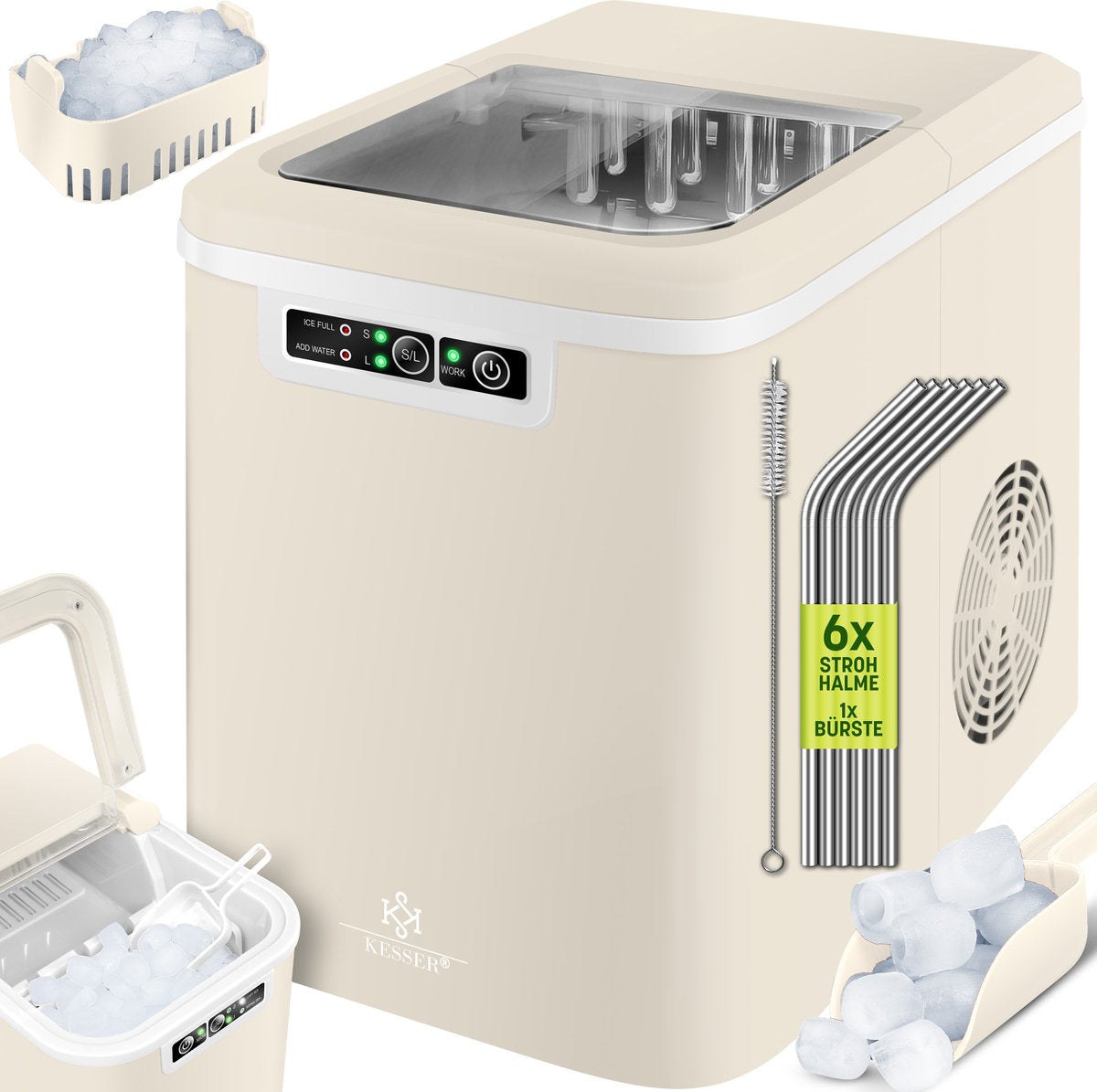 IJsblokjesmachine – 12kg/24 uur – IJsmachine - IJsblokjesmaker - Crème - KESSER®