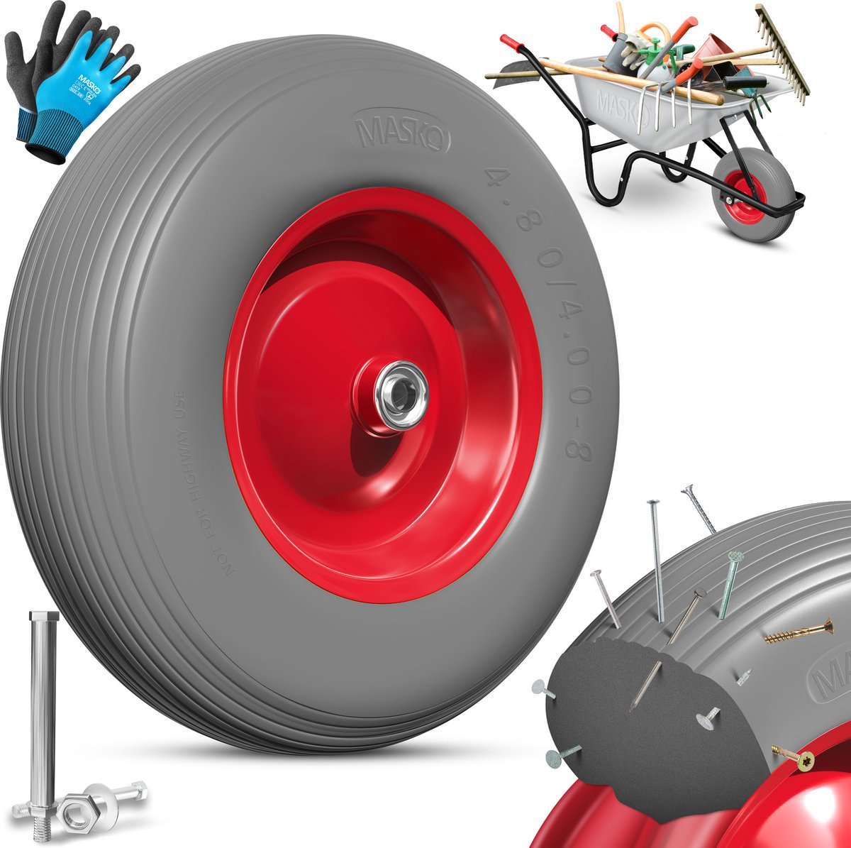 MASKO® Kruiwagenwiel Massief - 4.80/4.00-8 Ø 390mm - Grijs