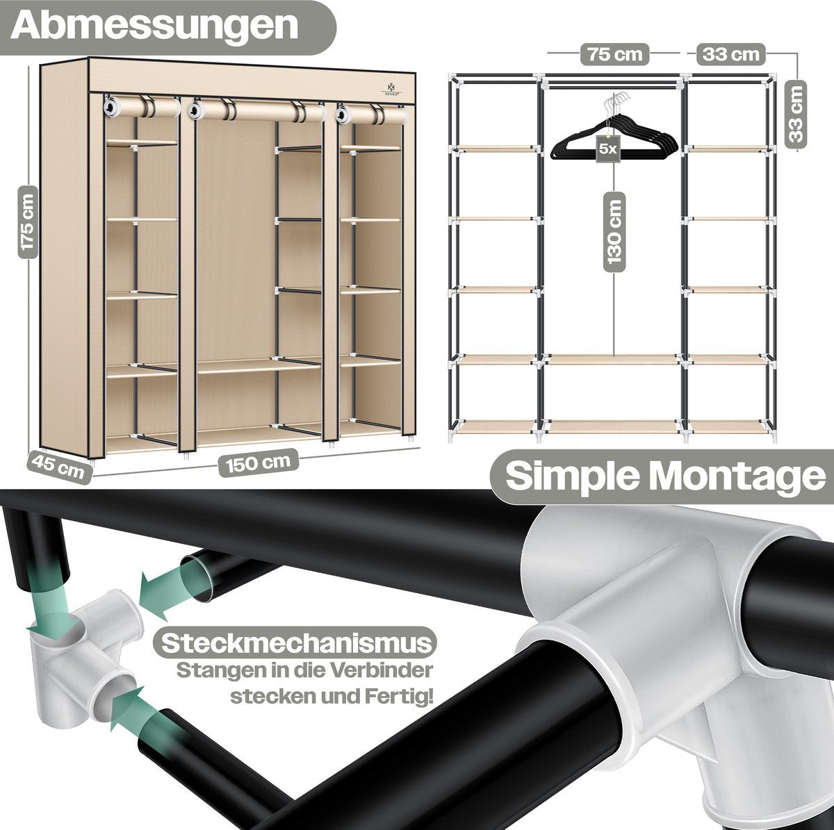 KESSER® Kledingkast - Opvouwbaar - 150x45x175cm - Beige