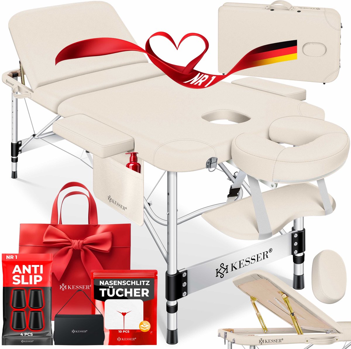 KESSER® Massagetafel inklapbaar 180x61x90cm | Behandeltafel 225kg Draagvermogen & In Hoogte Verstelbaar | Mobiele Massagebank 3-Zone | Aluminium Massagebed met Hoofdsteunen Armsteunen & opbergtas - Beige