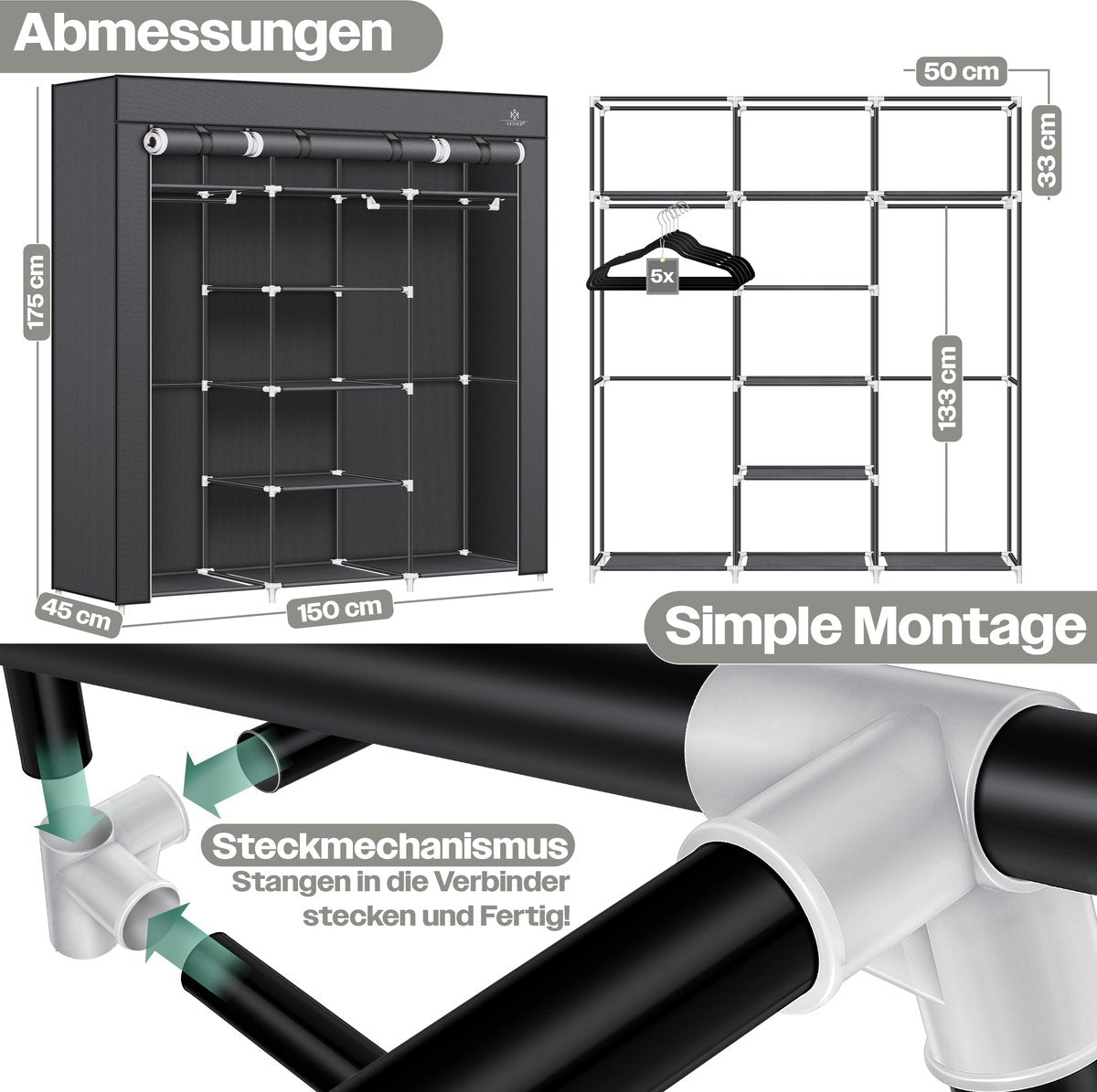 KESSER® Kledingkast - Opvouwbaar - 150x45x175cm - Antraciet