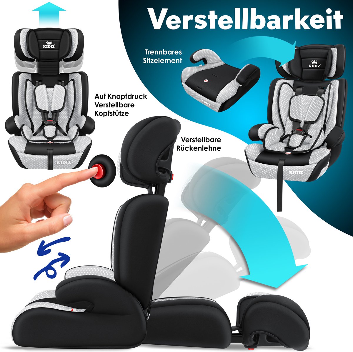 KIDIZ® Autostoeltje - 5-punts veiligheidsgordel - Grijs