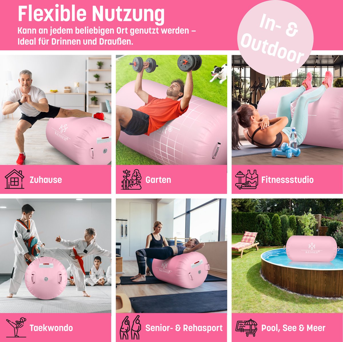 KESSER® Airtrack Turnmat opblaasbaare Gymnastiek Rol - Air Roll voor Gymnastiek & Turnen Fitness Mat Bal Rol met elektrische lucht-pomp Gymnastiekrol - Roze, 120 x 75 cm
