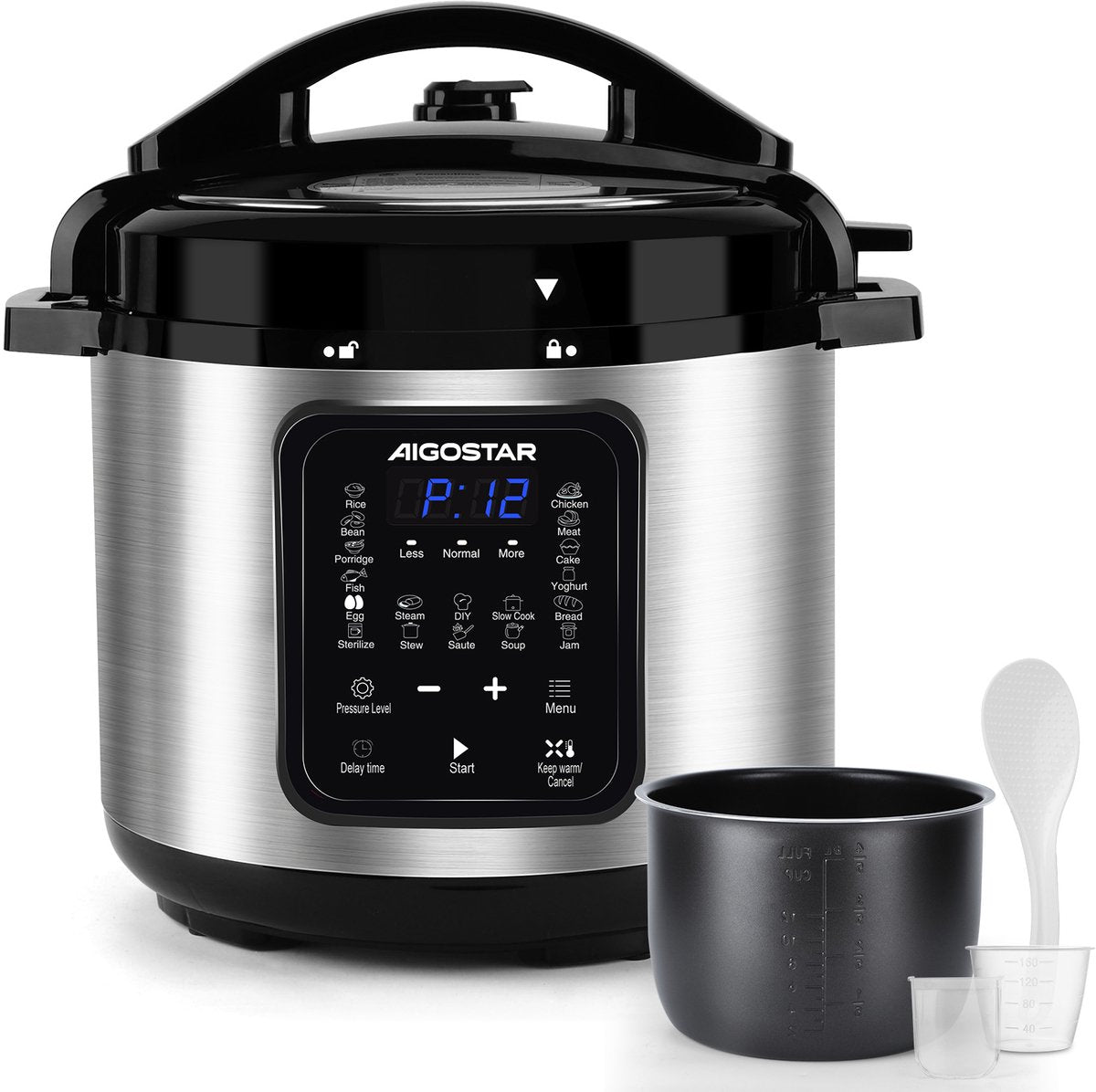Aigostar Snelkookpan Multicooker - 6 Liter - Slow Cooker - Rijstkoker - Stomer