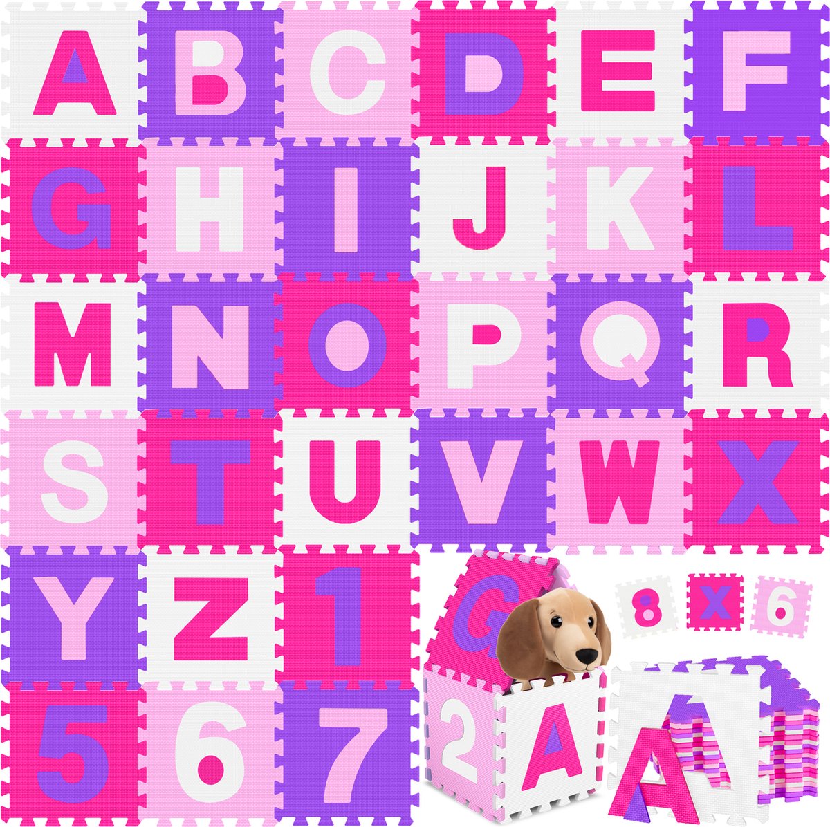KIDIZ® 86-Delige Puzzelmat Speeltapijt Schuimmat Kindertapijt, Puzzel Cijfers en Letters Beschermende Mat - Roze