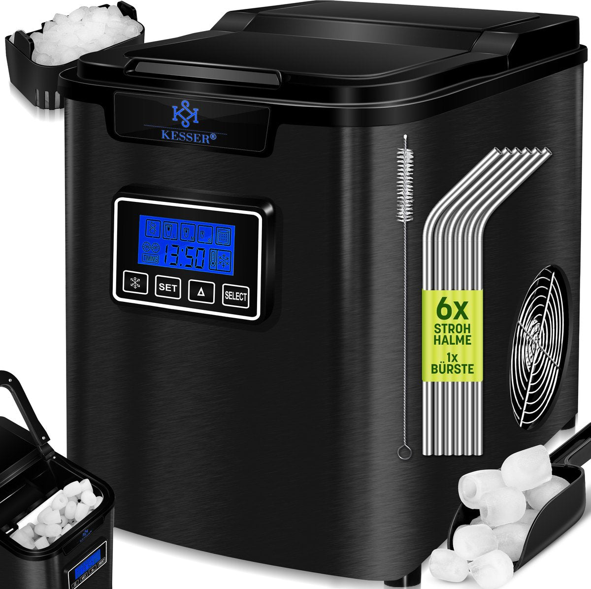 KESSER® Ijsblokjesmaker - Ijsblokjesmachine -12kg/24 uur - RVS - Zwart •