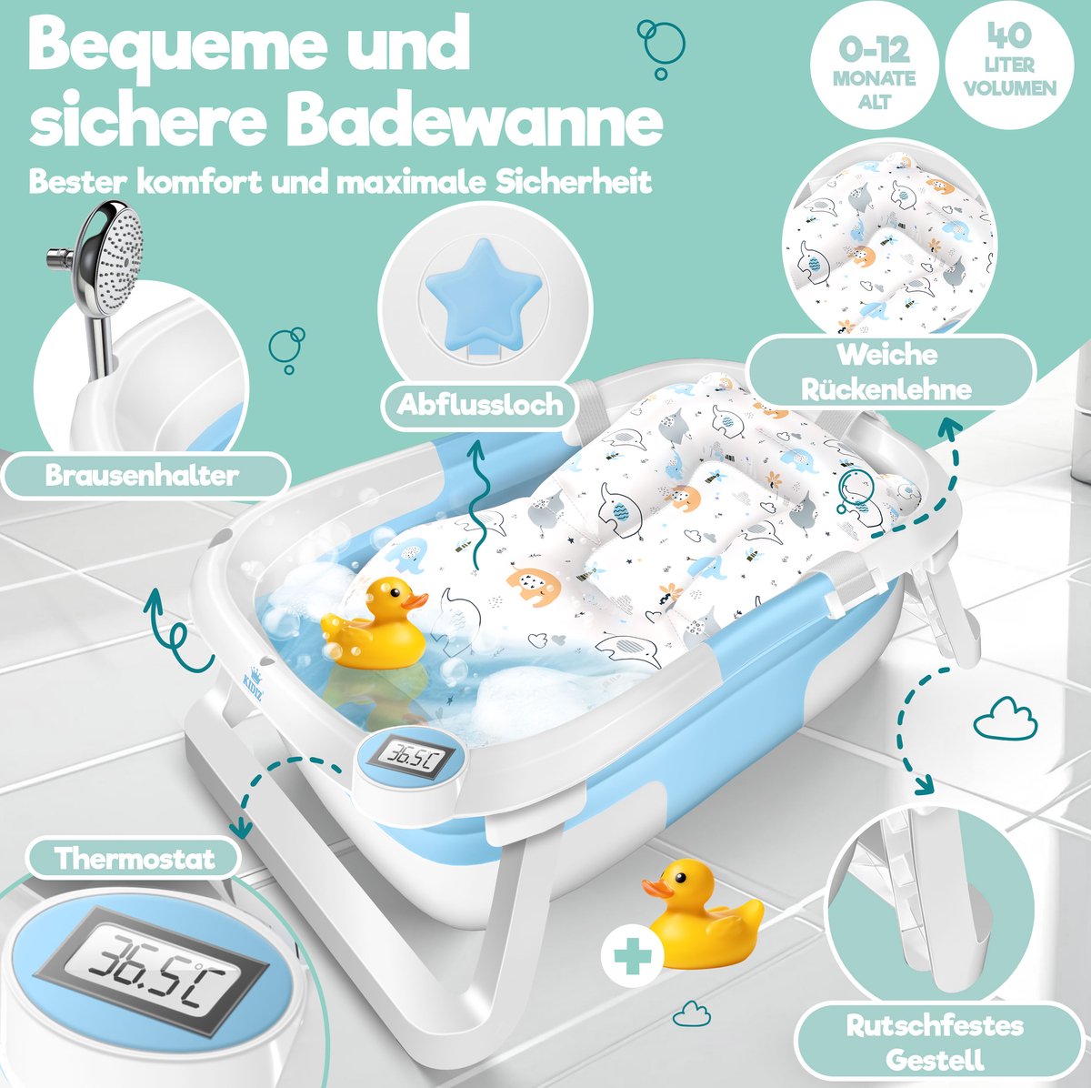 KIDIZ® Babybadje Opvouwbaar met Thermometer - 0-12 Maanden - Blauw