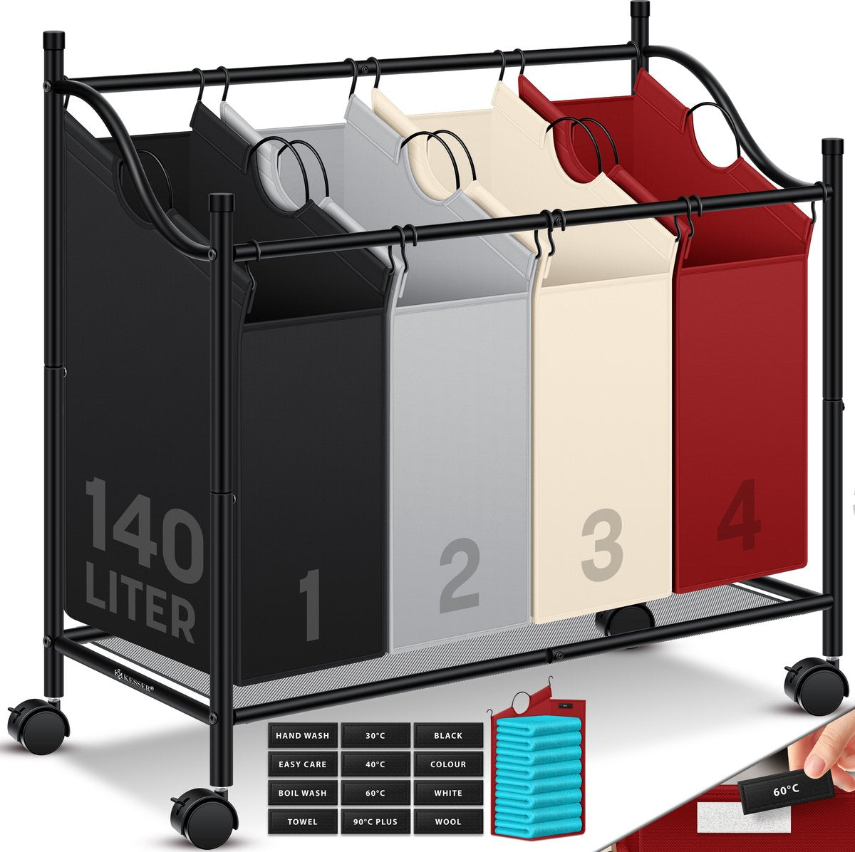 KESSER® Wasmand op Wieltjes - 4 Vakken - Wassorteerder