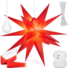KESSER® LED Kerst Ster 3D, LED Verlichting met Timer, Kerstster Lampjes voor Binnen en Buiten, Kerstverlichting Advent Ster Verlichte Hangend, Warm Wit Licht - Rood / 35 cm, met Timer