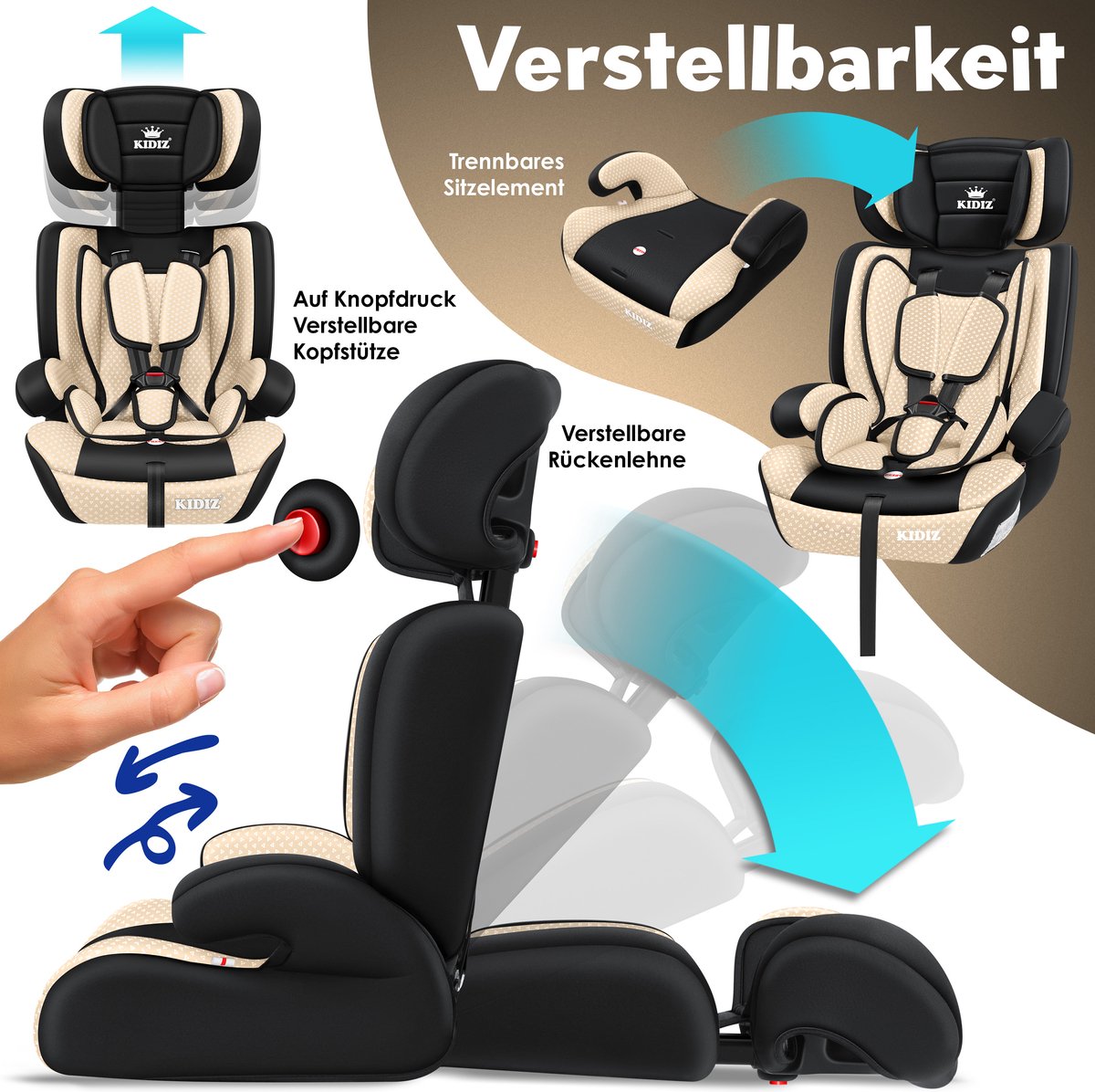 KIDIZ® Autostoeltje - 5-punts veiligheidsgordel - Beige
