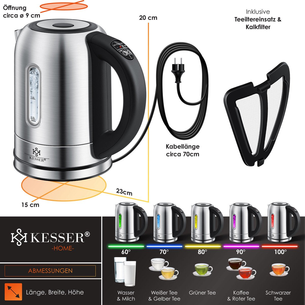 KESSER® RVS Waterkoker - 1,7L - 2200W - Warmhoudfunctie - Zilver