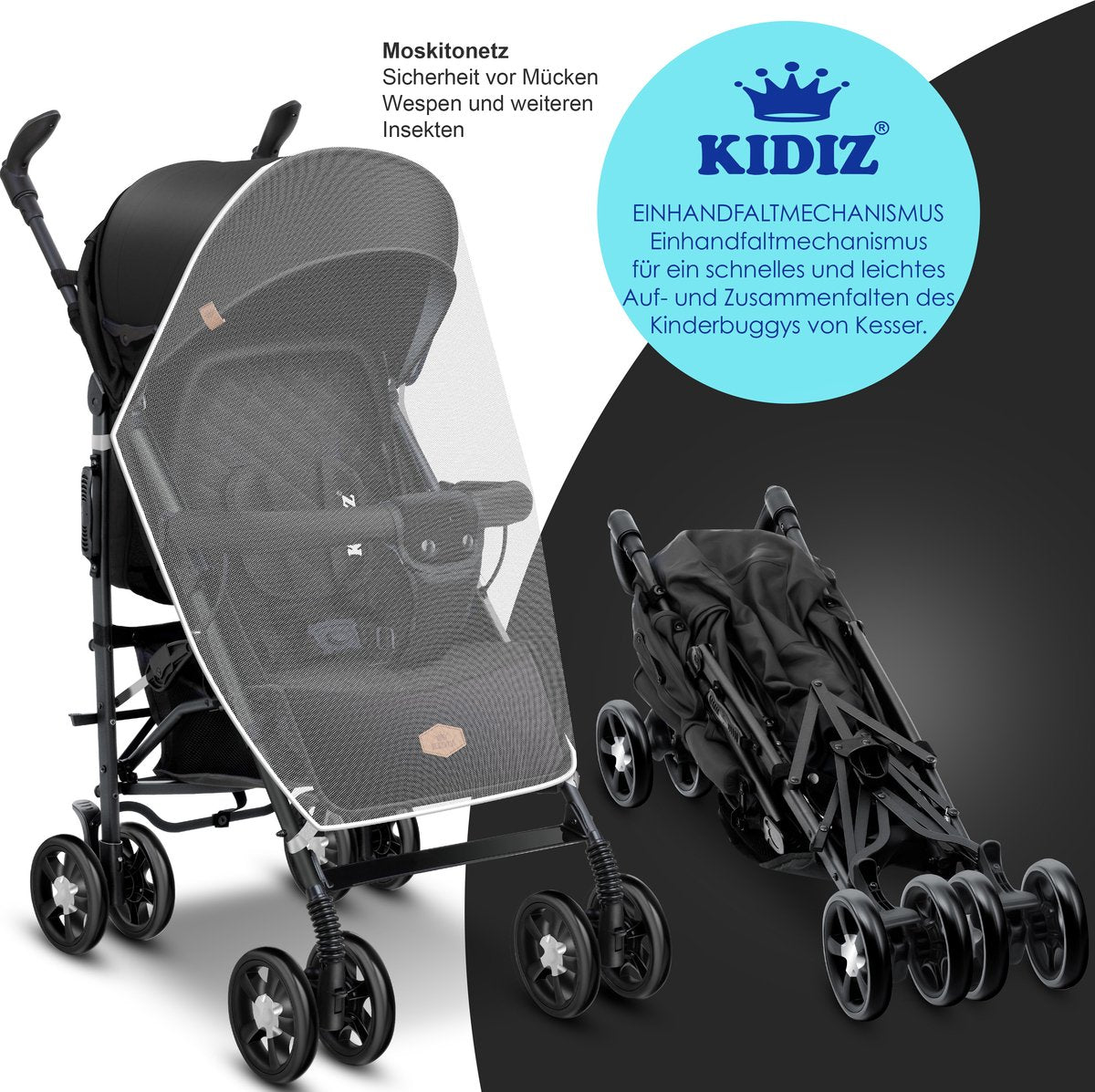KIDIZ® Kinderwagen / Wandelwagen City-Pro Buggy Kinderbuggy Opvouwbaar Liggende wandelwagen Kinderwagen Opvouwbaar 360° 6-inch wielen Incl. muggennet, voetenzak en regenhoes Opvouwbaar Slaapfunctie - Zwart