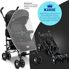 KIDIZ® Kinderwagen / Wandelwagen City-Pro Buggy Kinderbuggy Opvouwbaar Liggende wandelwagen Kinderwagen Opvouwbaar 360° 6-inch wielen Incl. muggennet, voetenzak en regenhoes Opvouwbaar Slaapfunctie - Zwart