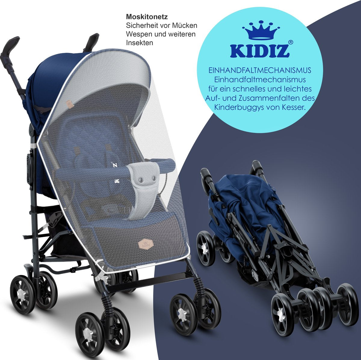 KIDIZ® Kinderwagen - Wandelwagen - Kinderbuggy - Blauw •