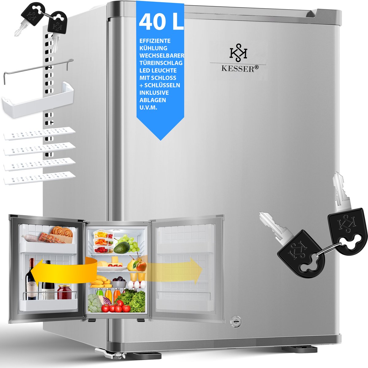 KESSER® Koelkast Tafelmodel 40L - Mini Koelkast Vrijstaand stil en afsluitbaar, LED-verlichting incl. 4 legplanken - Zilver