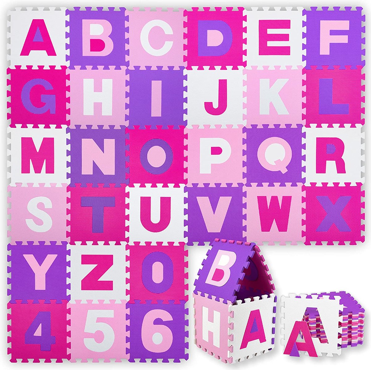 KIDIZ® 86-Delige Puzzelmat Speeltapijt Schuimmat Kindertapijt, Puzzel Cijfers en Letters Beschermende Mat - Roze