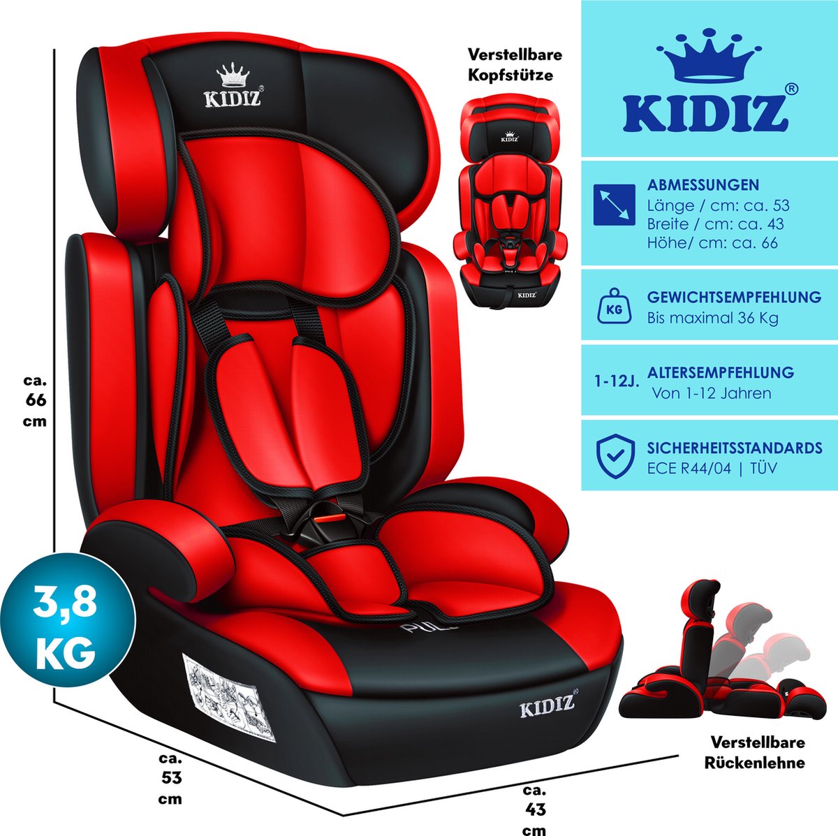 KIDIZ® Autostoeltje Groep 1+2+3  9-36 kg 5-punts veiligheidsgordel, Autostoeltje, Kinderzitje, Verstelbare Hoofdsteun | Stoelverhoger 1-12 jaar, Stabiel en Veilig - Rood