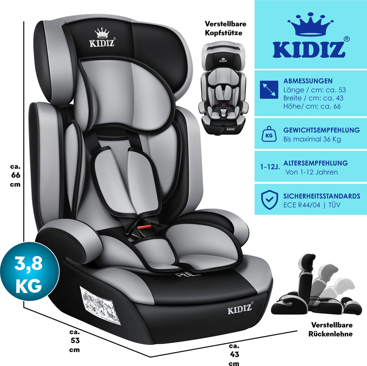 KIDIZ® Autostoeltje - 5-punts veiligheidsgordel - Grijs