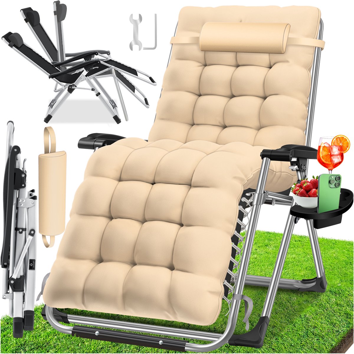 KESSER® Ligstoel Opvouwbaar Met Drinkhouder Tuinstoel Met Kussen, Ligbed, Extra Grote Tuinligstoel, Verstelbare Rugleuning Tuinligstoel Met Kussensteun - Beige