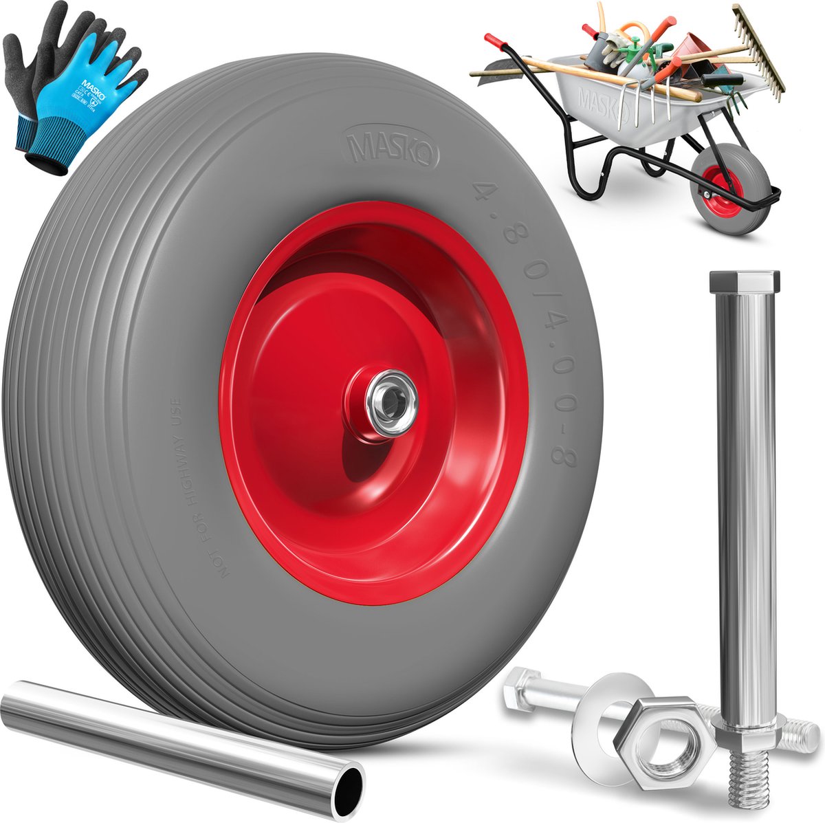 MASKO® Kruiwagenwiel Massief - 4.80/4.00-8 Ø 390mm - Grijs