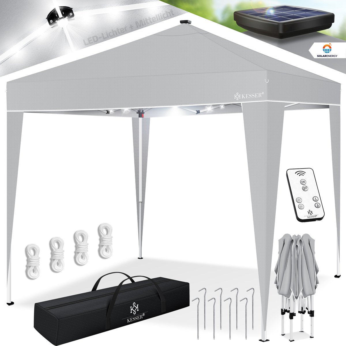 KESSER® Paviljoen 3x3m Tuinpaviljoen weerbestendig & Opvouwbaar met LED-verlichting op zonne-energie & UV-bescherming Inclusief transporttas & Afstandsbediening